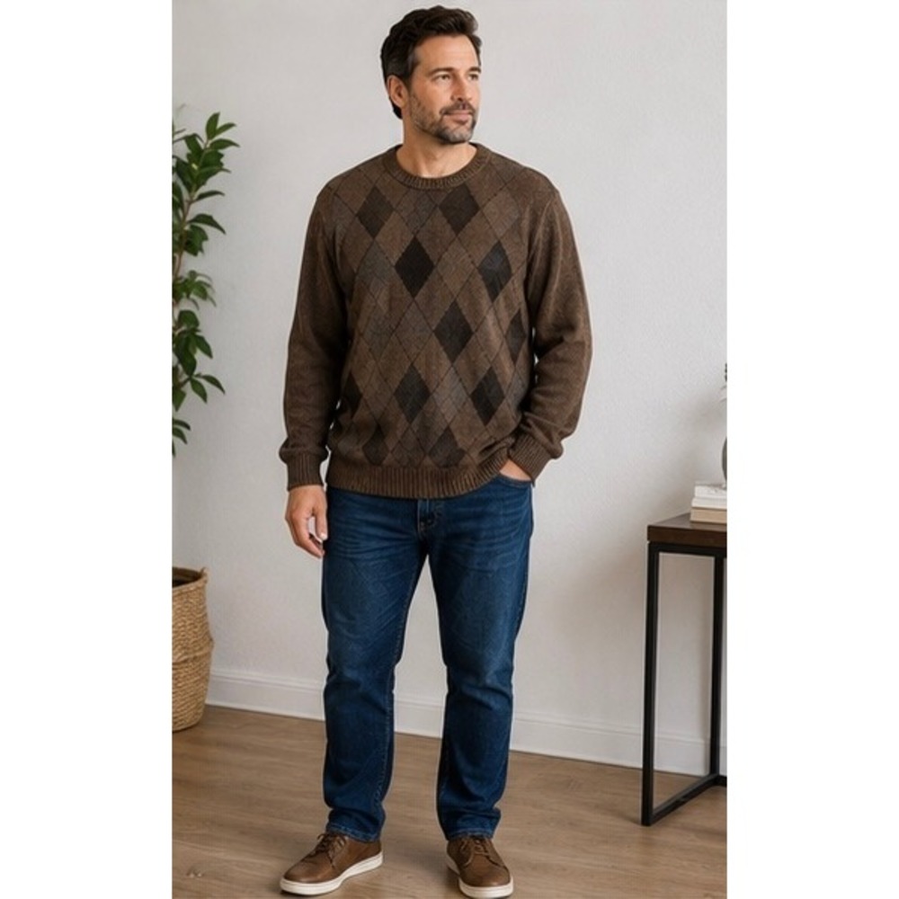 Dockers Mens XXL Argyle Sweater Brown Crewneck Pullover Classic Preppy Grandpa